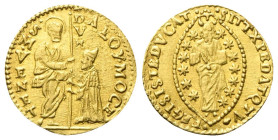 VENEZIA
Alvise I Mocenigo Doge LXXXV, 1570-1577.
Zecchino.
Au
gr. 3,48
Dr. ALOy•MOCE - S•M•VENET•. San Marco stante verso s., porge il vessillo a...