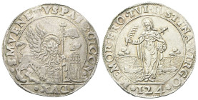 VENEZIA
Pasquale Cicogna Doge LXXXVIII, 1585-1595.
Ducato con Santa Giustina da 124 Soldi, secondo tipo, con galere.
Ag
gr. 27,94
Dr. •S•M•VENETV...