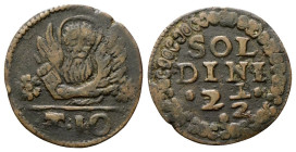 VENEZIA
Monetazione per il Regno di Candia.
Due soldini e mezzo o 10 Tornesi (decr. 15/1/1611, 16/7/1615, 12/3/1619)
Cu
gr. 5,83
Dr. Leone in sol...