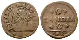 VENEZIA
Monetazione per il Regno di Candia
Soldo (decr. 9/8/1653)
Cu
gr. 3,28
Dr. •SANCT•MARC•VEN. Mezzo busto del leone, alato e nimbato, con sp...