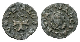 VENEZIA
Alvise Contarini Doge CVI, 1676-1684.
Doppio Bagattino con la testa di San Marco
Mi
gr. 0,39
Dr. ALOYSIVS•CONT•D. Croce patente accantona...