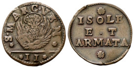 VENEZIA
Monetazione per Isole e Armata.
Gazzetta (decr. 8/2/1686).
Cu
gr. 7,84
Dr. ✶S•MARC•VEN✶. Leone in soldo; in esergo, ✶II✶.
Rv. ✿ / ISOLE ...