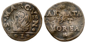 VENEZIA
Monetazione per Armata e Morea 
Soldo (decr. 24/1/1688 e 10/2/1691).
Cu
gr. 3,48
Dr. ✶S•MARC•VEN✶. Leone in soldo; in esergo, ✶I✶.
Rv. A...