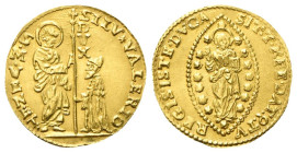 VENEZIA
Silvestro Valier Doge CIX, 1694-1700.
Zecchino.
Au
gr. 3,49
Dr. SILV✶VALERIO• - S•M•VENET•. San Marco stante verso s., porge il vessillo ...