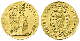 VENEZIA
Alvise II Mocenigo Doge CX, 1700-1709.
Zecchino.
Au
gr. 3,49
Dr. ALOY✶MOCENI✶ - S•M•VENET•. San Marco stante verso s., porge il vessillo ...