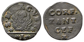 VENEZIA
Monetazione per le Isole del Levante.
Soldo (1710 e 1721).
Cu
gr. 2,10
Dr. ✶S•MARC•VEN✶. Leone in soldo; in esergo, ✶I✶.
Rv. CORF• / ZAN...