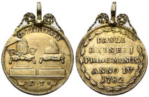 VENEZIA
Paolo Renier Doge CXIX, 1779-1789.
Osella anno IV, 1782.
Ag dorato
gr. 10,65
Dr. POSTERITATI (Per i posteri). Due piedistalli sopra una m...