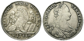 VENEZIA
Ludovico Manin Doge CXX, 1789-1797.
Tallero per il Levante 1789.
Ag
gr. 28,59
Dr. ✿LUDOVICO MANIN DUCE✿✿. Il leone di S. Marco retrospici...
