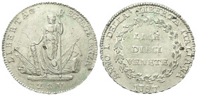 VENEZIA
Municipalità provvisoria, 1797-1798.
10 Lire venete 1797.
Ag
gr. 28,14
Dr. LIBERTA'✿ - EGUAGLIANZA. La libertà stante con fascio e asta; ...