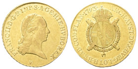 VENEZIA
Francesco I (II) d’Asburgo Lorena, Re del Lombardo Veneto, 1815-1835. Monetazione postuma 1823.
Mezza Sovrana 1793 (1823).
Au
gr. 5,53
Dr...