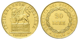 VENEZIA
Governo Provvisorio di Venezia, 1848-1849.
20 Lire 1848.
Au
gr. 6,44
Dr. INDIPENDENZA ITALIANA. Leone nimbato e alato verso s., poggia la...