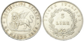 VENEZIA
Governo Provvisorio di Venezia, 1848-1849.
5 Lire 1848, I Tipo 22 Marzo.
Ag
gr. 24,89
Dr. ★REPUBBLICA VENETA★ / 22 marzo 1848. Leone nimb...