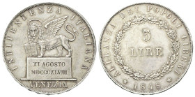 VENEZIA
Governo Provvisorio di Venezia, 1848-1849.
5 Lire 1848, II Tipo 11 Agosto.
Ag
gr. 24,95
Dr. INDIPENDENZA ITALIANA. Leone nimbato ed alato...