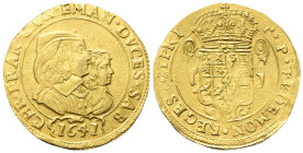 SAVOIA ANTICHI
Carlo Emanuele II con la reggenza della madre, 1638-1648.
Quattro Scudi 1641.
Au
gr. 13,27
Dr. CHR•FRAN•CAR•EMAN•DVCES•SAB. Busti ...