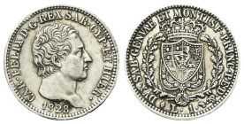 REGNO DI SARDEGNA
Carlo Felice, 1821-1831.
Lira 1828 Torino (L).
Ag
Dr. Testa del sovrano rivolta a d.
Rv. Scudo inquartato a forma di cuore e so...