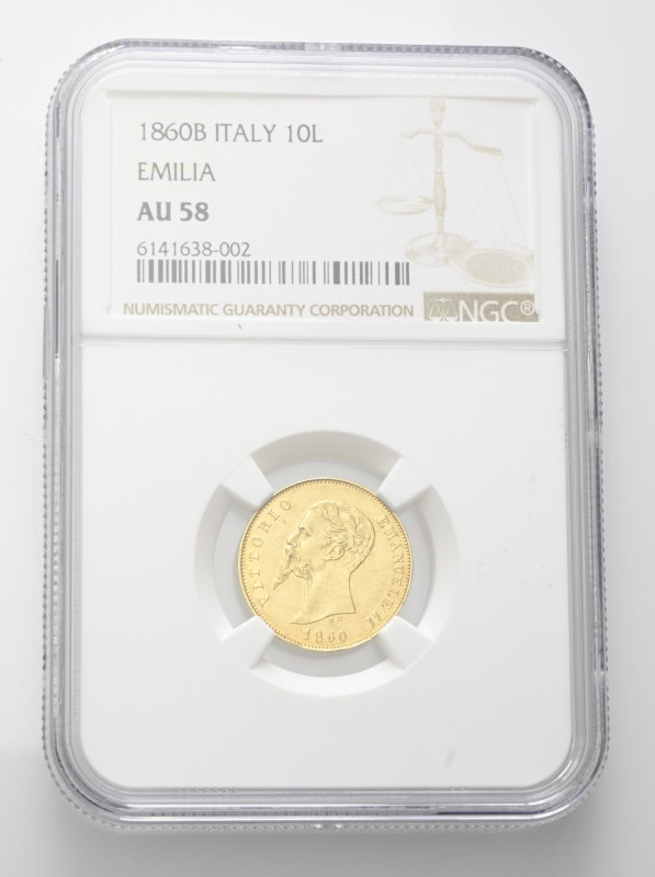 RE ELETTO
Vittorio Emanuele II, 1859-1861.
10 Lire 1860 Bologna.
Au
Dr. Test...