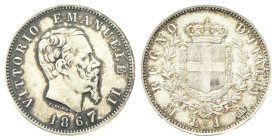 REGNO D’ITALIA
Vittorio Emanuele II, 1861-1878.
Lira 1867 Milano, I° Tipo.
Ag
Dr. Testa del sorvano rivolta a d.
Rv. Stemma sabaudo crociato sorm...