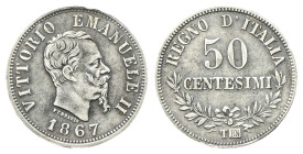 REGNO D’ITALIA
Vittorio Emanuele II, 1861-1878.
50 Centesimi 1867 Torino, II° Tipo.
Ag
Dr. Testa del sovrano rivolta a d.
Rv. Su due righe valore...