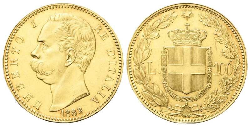 REGNO D’ITALIA
Umberto I, 1878-1900.
100 Lire 1883 Roma.
Au
Dr. Testa del so...