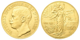 REGNO D’ITALIA
Vittorio Emanuele III, 1900-1943.
50 Lire 1911 Roma, Cinquantenario.
Au
Dr. Testa scoperta del sovrano rivolta a s. 
Rv. Sullo sfo...