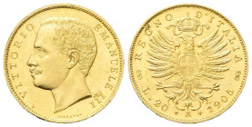 REGNO D’ITALIA
Vittorio Emanuele III, 1900-1943.
20 Lire 1905 Roma, Aquila Sabauda.
Au
Dr. Testa del sovrano rivolta a s. 
Rv. Aquila araldica ri...