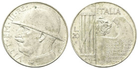 REGNO D’ITALIA
Vittorio Emanuele III, 1900-1943.
20 Lire 1928 a. VI Roma, Elmetto.
Ag
Dr. Semibusto del sovrano in uniforme, con testa coperta da ...