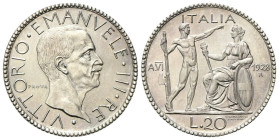 REGNO D’ITALIA
Vittorio Emanuele III, 1900-1943.
20 Lire 1928 PROVA a. VI Roma, Littore.
Ag
gr. 14,97
Dr. Testa del sovrano rivolta a d.; a s., P...