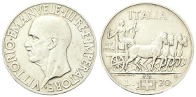 REGNO D’ITALIA
Vittorio Emanuele III, 1900-1943.
20 Lire 1936 a. XIV Roma, Quadriga Impero.
Ag
Dr. Testa del sorvrano rivolta a s. 
Rv. Quattro c...