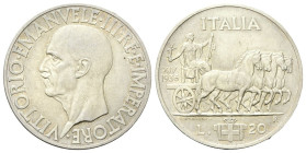 REGNO D’ITALIA
Vittorio Emanuele III, 1900-1943.
20 Lire 1936 a. XIV Roma, Quadriga Impero.
Ag
gr. 20,01
Dr. Testa del sorvrano rivolta a s. 
Rv...