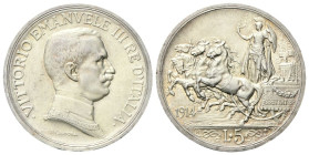 REGNO D’ITALIA
Vittorio Emanuele III, 1900-1943.
5 Lire 1914 Roma, Quadriga briosa.
Ag
gr. 24,98
Dr. Semibusto del sovrano in uniforme con il col...