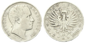 REGNO D’ITALIA
Vittorio Emanuele III, 1900-1943.
2 Lire 1904 Roma, Aquila Sabauda.
Ag
Dr. Testa del sovrano rivolta a d.
Rv. Aquila araldica rivo...