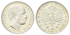 REGNO D’ITALIA
Vittorio Emanuele III, 1900-1943.
Lira 1905 Roma, Aquila Sabauda.
Ag
gr. 5,00
Dr. Testa del sovrano rivolta a d.
Rv. Aquila arald...