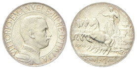 REGNO D’ITALIA
Vittorio Emanuele III, 1900-1943.
Lira 1908 Roma, Quadriga veloce.
Ag
gr. 5,00
Dr. Semibusto del sovrano in uniforme con il collar...