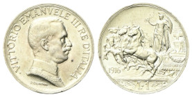 REGNO D’ITALIA
Vittorio Emanuele III, 1900-1943.
Lira 1916 Roma, Quadriga briosa.
Ag
gr. 4,99
Dr. Semibusto del sovrano in uniforme con il collar...