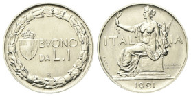 REGNO D’ITALIA
Vittorio Emanuele III, 1900-1943.
Buono da 1 Lira 1921 PROVA Roma, Italia Seduta.
Ni
gr. 8,08
Dr. Figura di donna rivolta a s., ra...