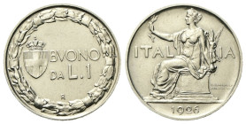 REGNO D’ITALIA
Vittorio Emanuele III, 1900-1943.
Buono da 1 Lira 1926 Roma, Italia seduta.
Ni
gr. 7,92
Dr. Figura di donna rivolta a s., rapprese...