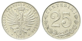 REGNO D’ITALIA
Vittorio Emanuele III, 1900-1943.
25 Centesimi 1902 Roma, Valore.
Ni
gr. 3,96
Dr. Aquila araldica rivolta a s. stilizzata sormonta...