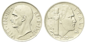 REGNO D’ITALIA
Vittorio Emanuele III, 1900-1943.
20 Centesimi 1936 a. XIV Roma, Impero.
Ni
gr,4,07
Dr. Testa nuda a s.
Rv. Profilo muliebre a d....