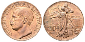 REGNO D’ITALIA
Vittorio Emanuele III, 1900-1943.
10 Centesimi 1911 Roma, Cinquantenario.
Cu
gr. 9,83
Dr. Testa scoperta del sovrano rivolta a s. ...