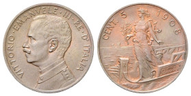 REGNO D’ITALIA
Vittorio Emanuele III, 1900-1943.
5 Centesimi 1908 Roma, Italia su prora.
Cu
gr. 5,01
Dr. Semibusto del sovrano in uniforme a test...