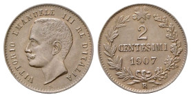 REGNO D’ITALIA
Vittorio Emanuele III, 1900-1943.
2 Centesimi 1907 Roma, Valore.
Cu
gr. 1,98
Dr. Testa scoperta del sovrano rivolta a s.
Rv. Su t...