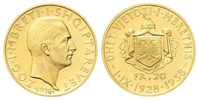 ALBANIA
Re Zogu I, 1925-1939.
20 Franga Ari 1938, zecca di Roma.
Au
gr. 6,45...