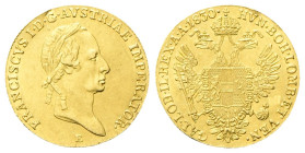 AUSTRIA
Francesco I (II) d’Asburgo Lorena, 1792-1835.
Ducato 1830 E, Karlsburg.
Au
gr. 3,48
Dr. Testa laureata a d.
Rv. Stemma caricato su aquil...