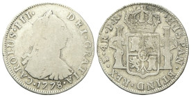 BOLIVIA
Carlo IV di Spagna, 1788-1808.
4 Reales 1778 PR, Potosi.
Ag
gr. 12,58
Dr. Busto laureato e corazzato a d.
Rv. Stemma coronato tra due co...