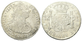 BOLIVIA
Carlo IV di Spagna, 1788-1808.
8 Reales 1807 PI, Potosi.
Ag
gr. 26,46
Dr. Busto laureato e corazzato a d.
Rv. Stemma coronato tra due co...