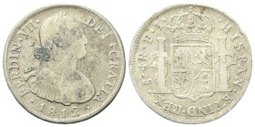 CILE
Ferdinando VII, 1808-1833.
4 Reales 1812 FJ.
Ag
gr. 12,44
Dr. Busto laureato e corazzato a d.
Rv. Stemma coronato tra due colonne.
KM# 67....