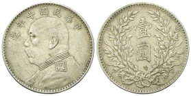 CINA
Repubblica, 1912-1949.
Dollaro 1920 (a. 9).
Ag
gr. 26,76
Dr. Busto di Yuan Shikai a s.
Rv. Valore tra arbusti e foglie.
KM#Y329.6.
BB