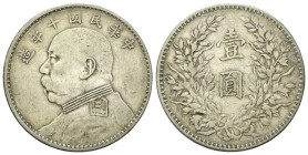 CINA
Repubblica, 1912-1949.
Dollaro 1920 (a. 9).
Ag
gr. 26,72
Dr. Busto di Yuan Shikai a s.
Rv. Valore tra arbusti e foglie.
KM#Y329.6.
BB