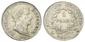 FRANCIA
Napoleone I Imperatore, 1804-1814 e 1815.
Franco 1806 A, zecca di Parigi. 
Ag
gr. 4,98
Dr. Testa laureata a d.
Rv. Valore entro corona d...