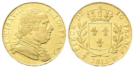 FRANCIA
Luigi XVIII di Borbone, Primo governo 1814-1815. 
20 Franchi 1815 R, zecca di Londra.
Au
gr. 6,42
Dr. Busto a d., in uniforme.
Rv. Scudo...